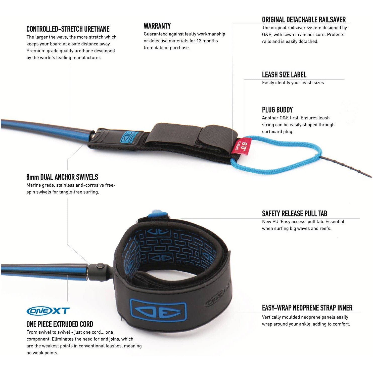 2026 Ocean and Earth Premium One-XT Surf Leash OESLP60XT - Black